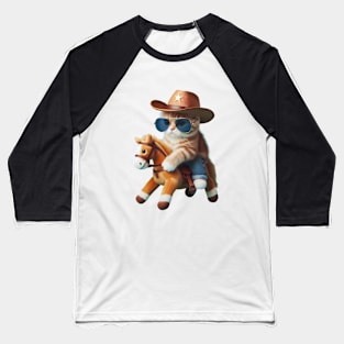 A cat wearing sunglasses and a cowboy hat riding a toy horse Baseball T-Shirt